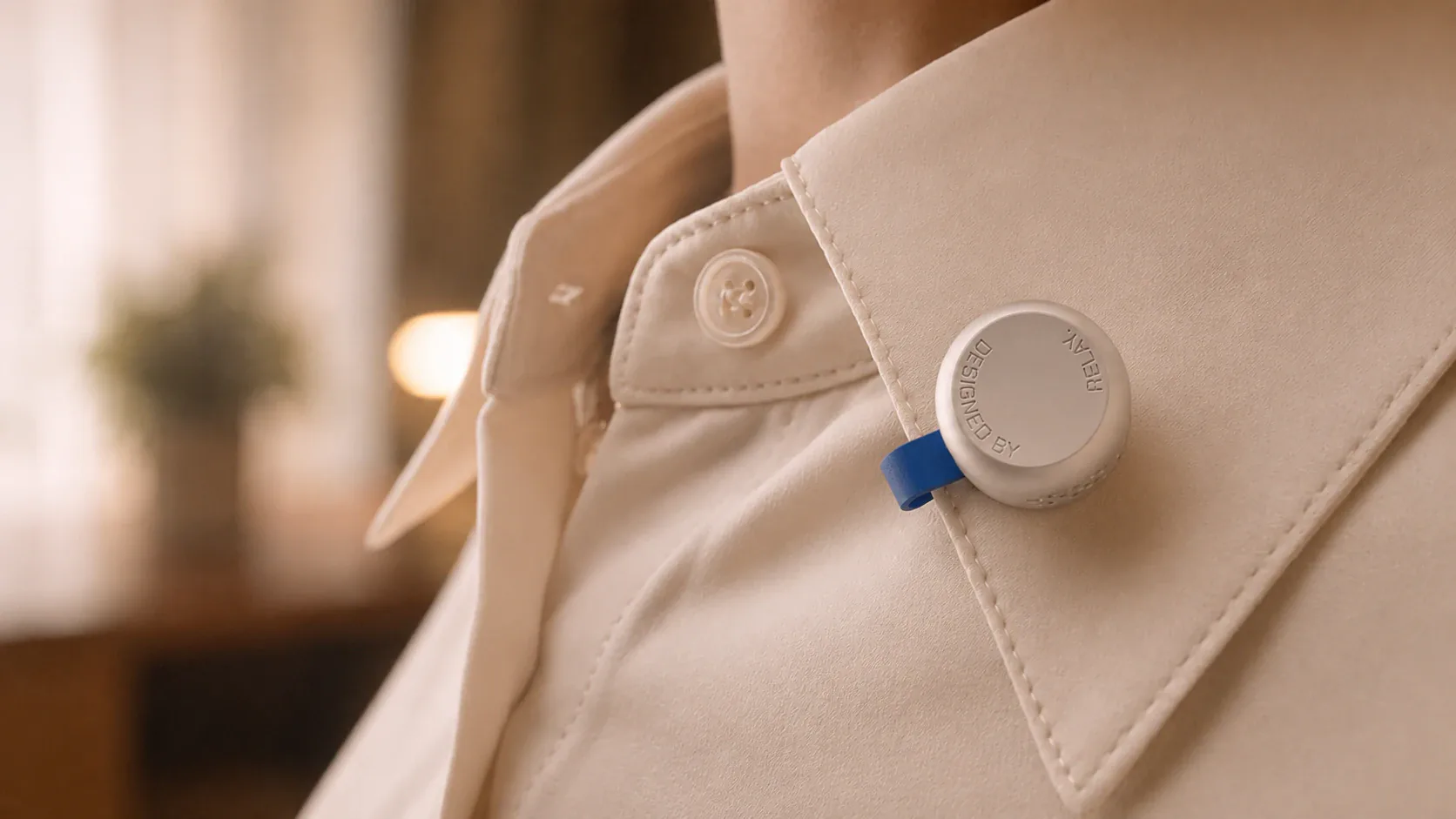 Relay Q worn magnetically on a jacket lapel